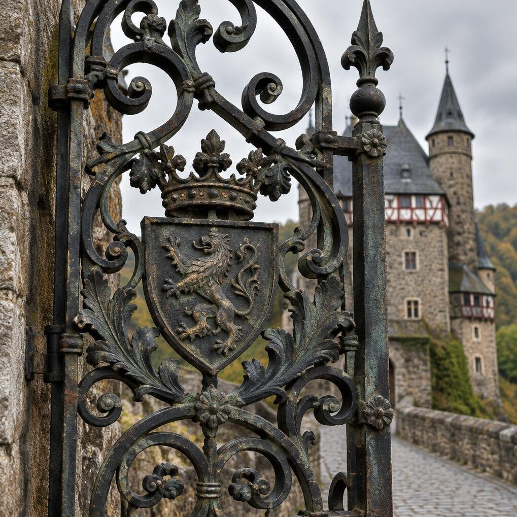 Close-up of ornate wrought iron castle gate