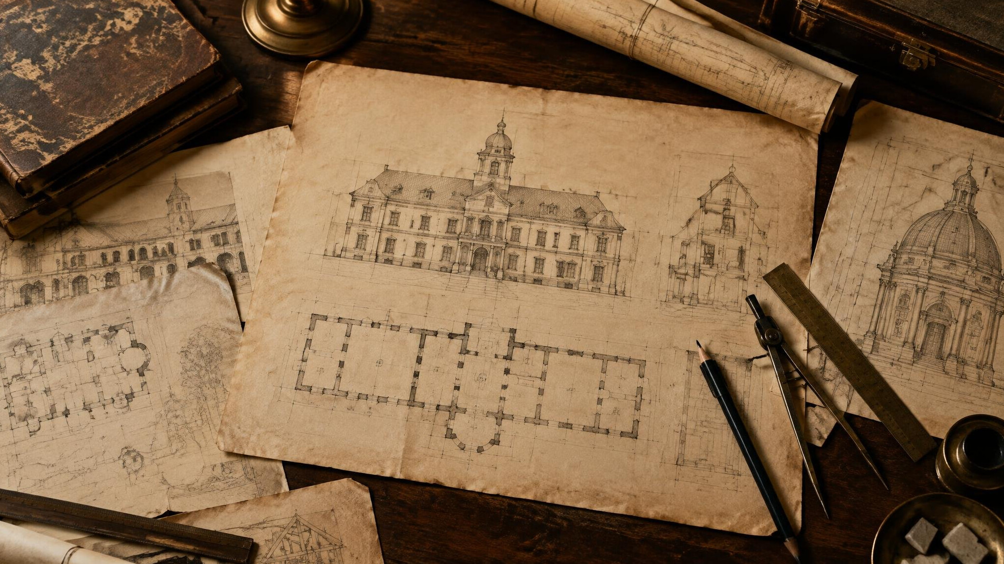 Old architectural drawings and blueprints laid on a table